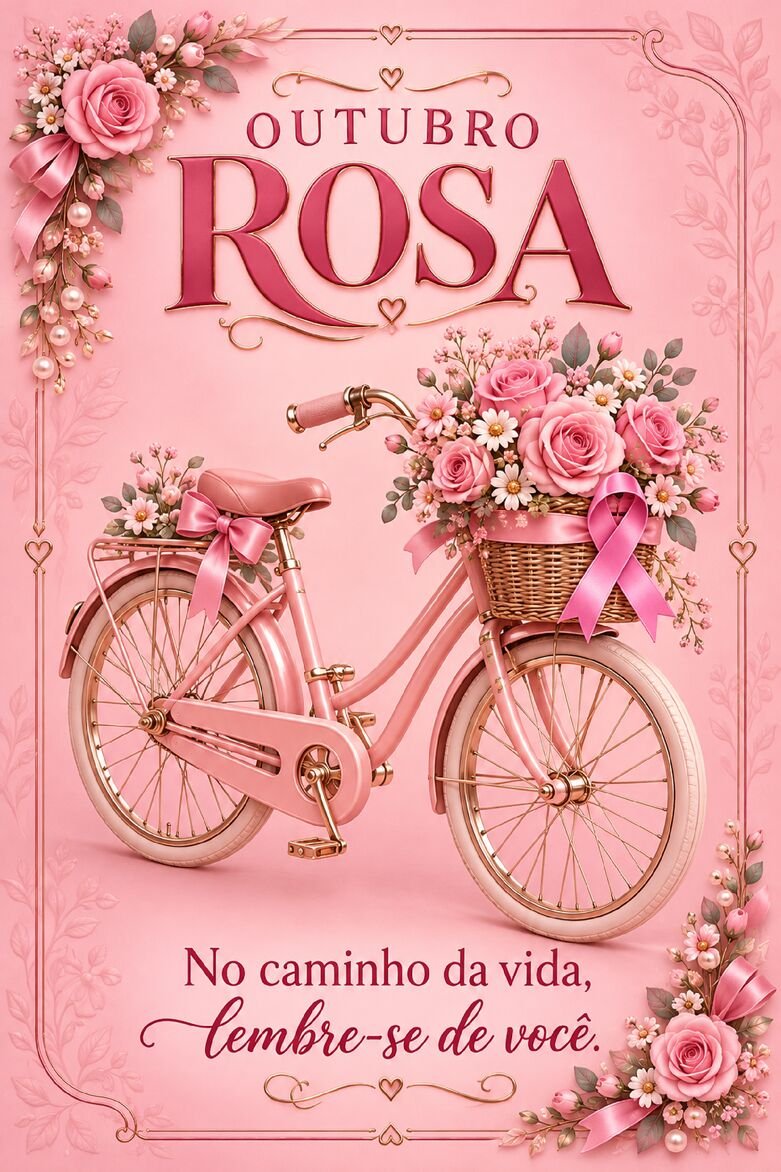 Cartão Outubro Rosa com bicicleta vintage rosa e cesta dianteira cheia de rosas e flores brancas